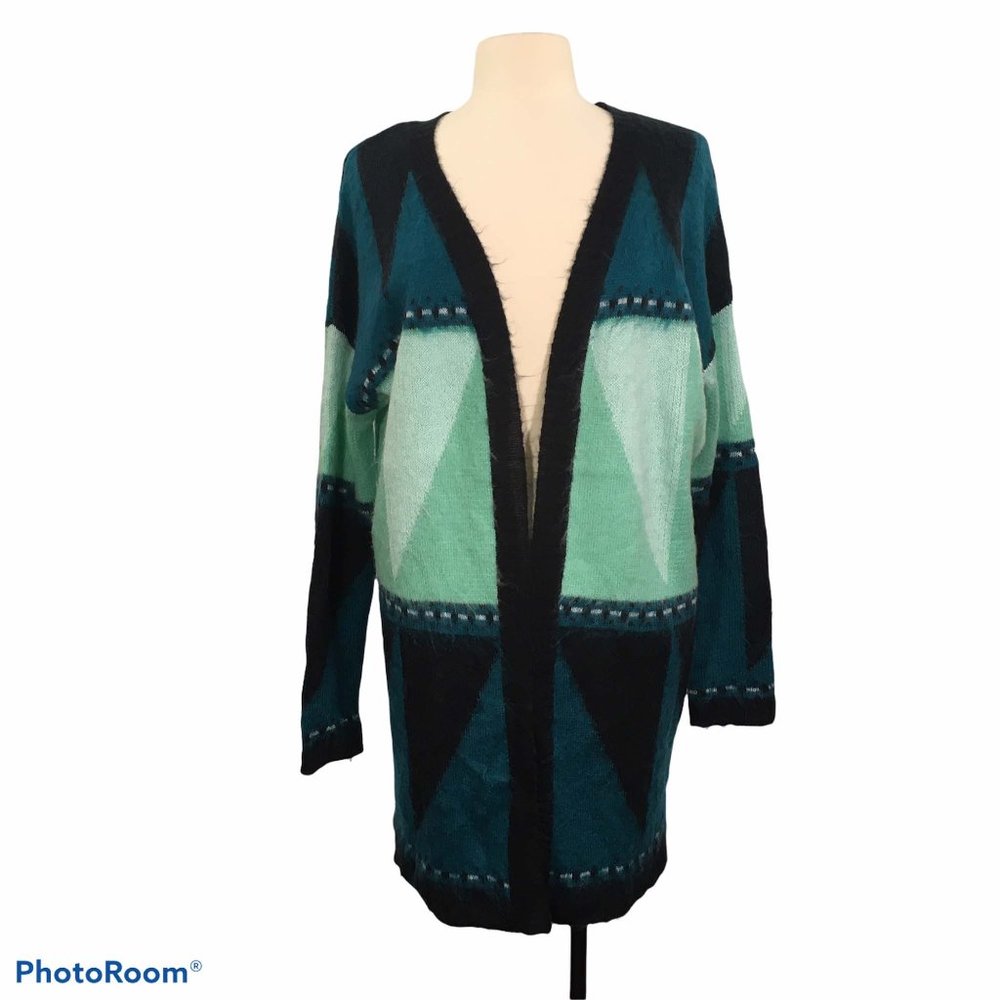 Rue 21 Geometric Blue Long Open Front Cardigan Sweater, Fuzzy, Large